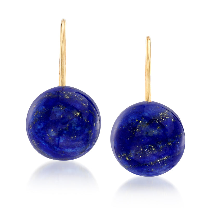 14kt yellow gold lapis drop earrings, round blue stones, leverback hooks