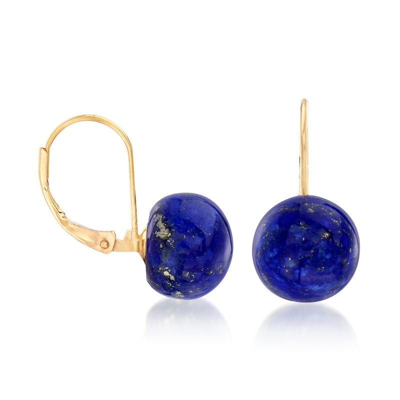 14kt yellow gold lapis drop earrings with round blue stones, hinged leverbacks
