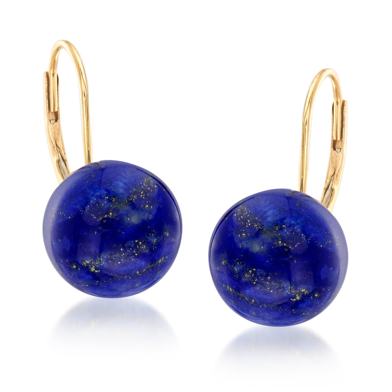 14kt yellow gold lapis drop earrings with round blue spheres, leverback hooks