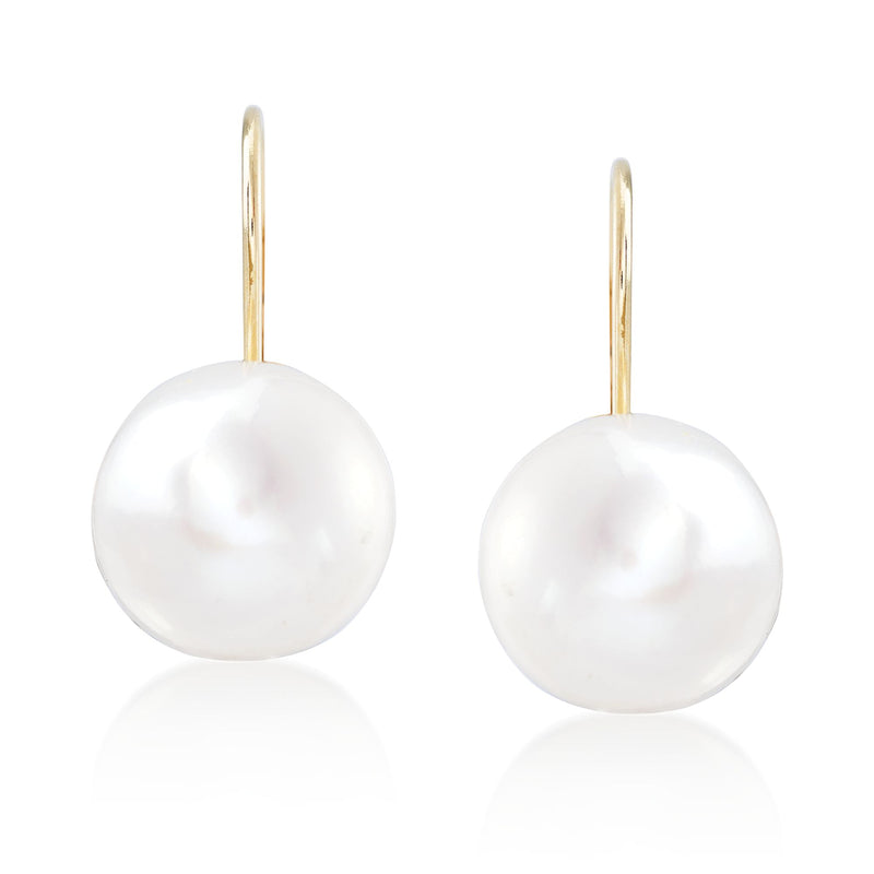 14kt yellow gold leverback earrings with round white cultured button pearls