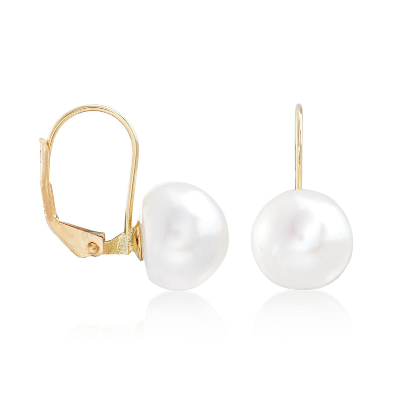 14kt yellow gold leverback earrings with round white cultured pearl button drops