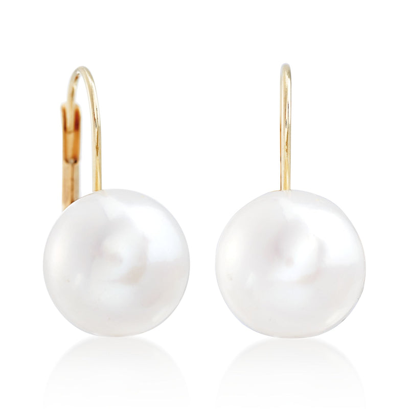 14kt yellow gold leverback earrings with round white cultured button pearls, side view