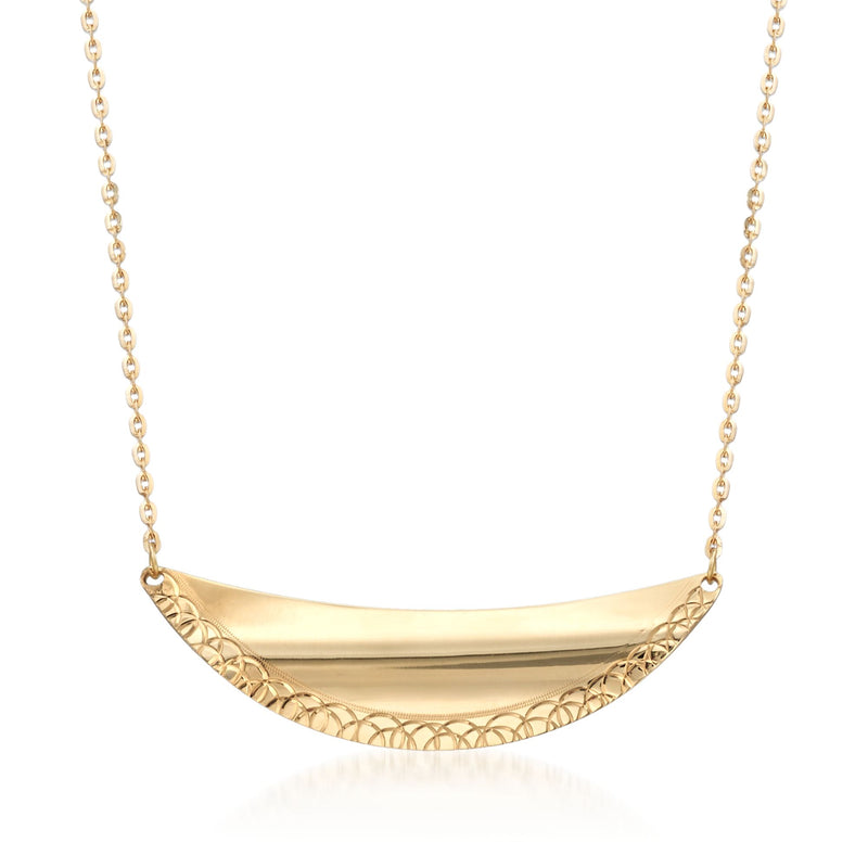 14kt yellow gold crescent necklace with textured edge and pendant