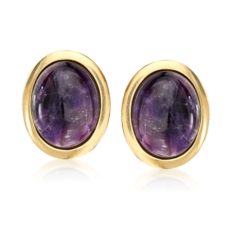Oval amethyst cabochon stud earrings in gold bezel, clip/post style