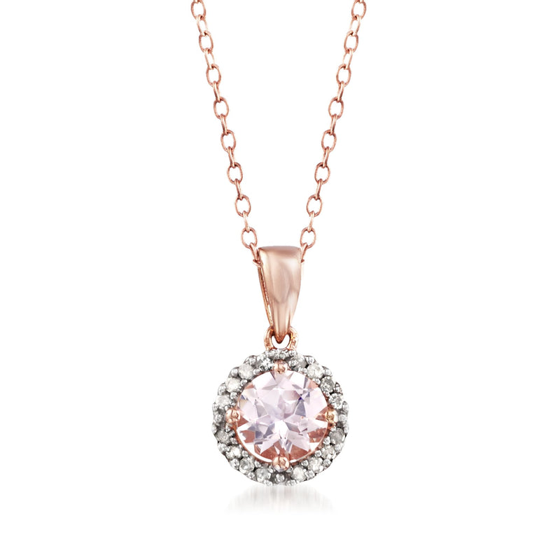 Rose gold halo morganite pendant necklace with round crystal center and link chain