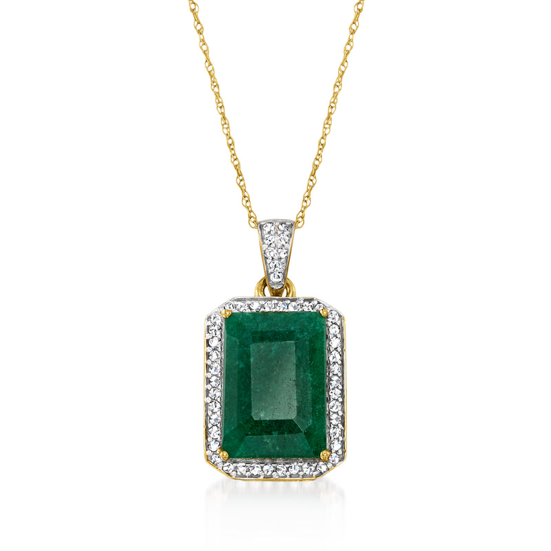 14k yellow gold pendant with square emerald and diamond halo, cable chain