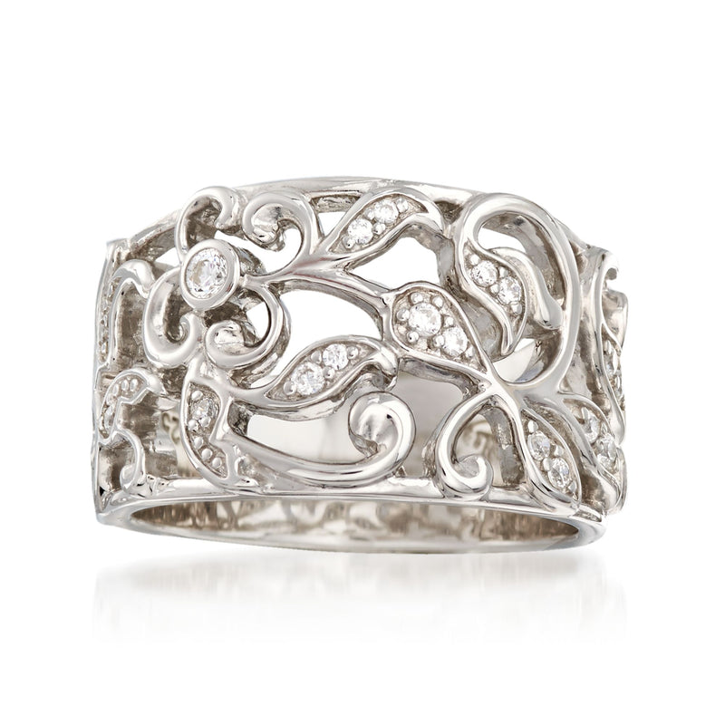 Sterling silver CZ ring with ornate filigree and round sparkling stones