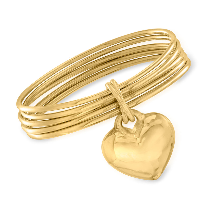 Gold-tone heart charm multi-bangle bracelet with stacked smooth rings