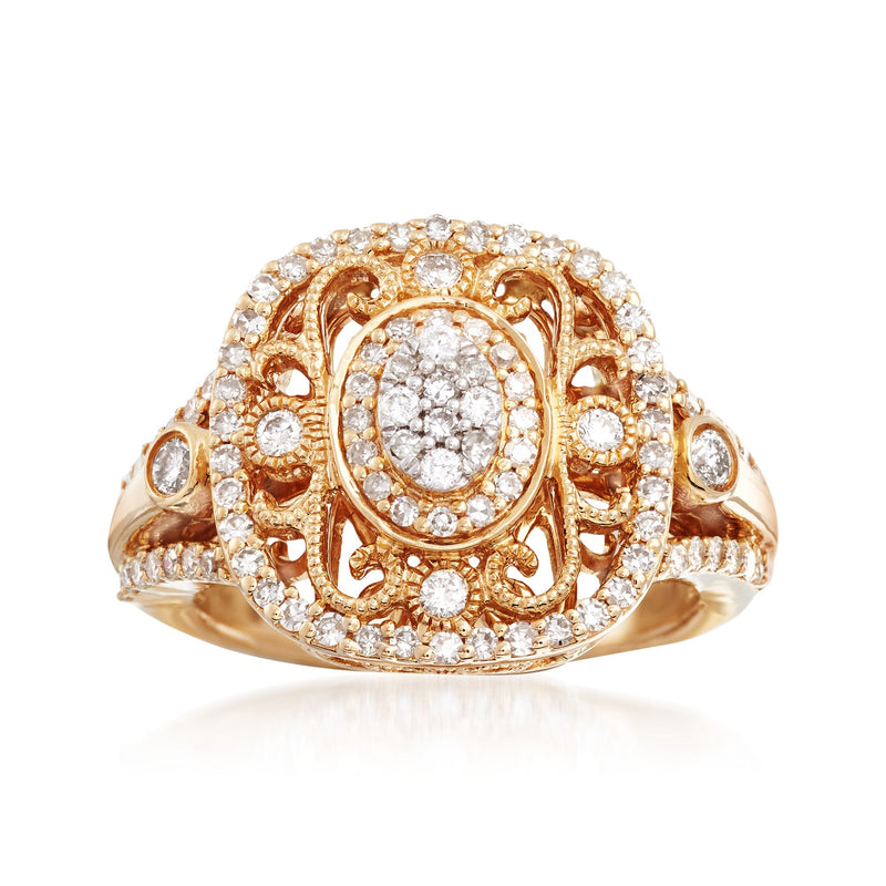 14kt yellow gold vintage-style diamond ring with round halo and ornate filigree, 0.75 ct t.w.