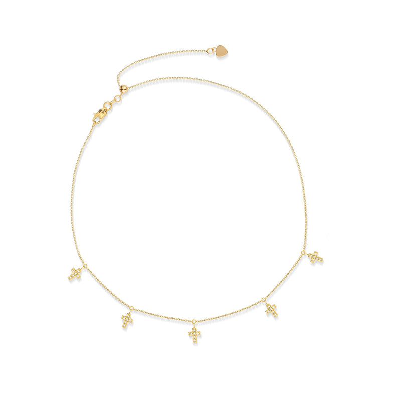 14kt yellow gold CZ choker necklace with small multi-cross charms