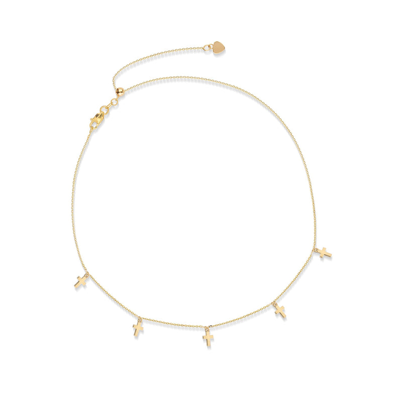 14kt yellow gold multi-cross choker necklace with small dangling cross charms