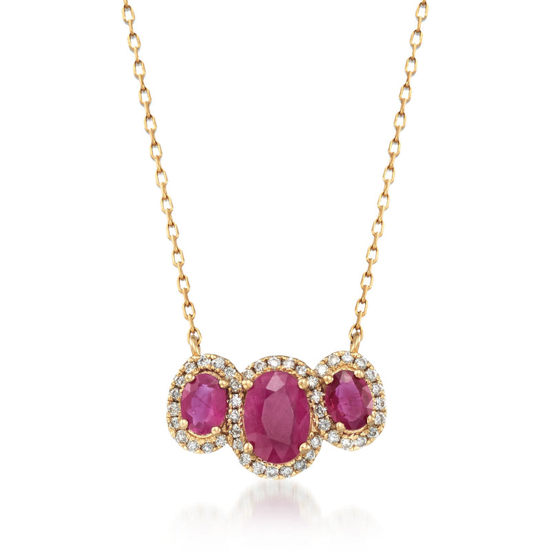 14kt yellow gold necklace with three round ruby stones and diamond halos