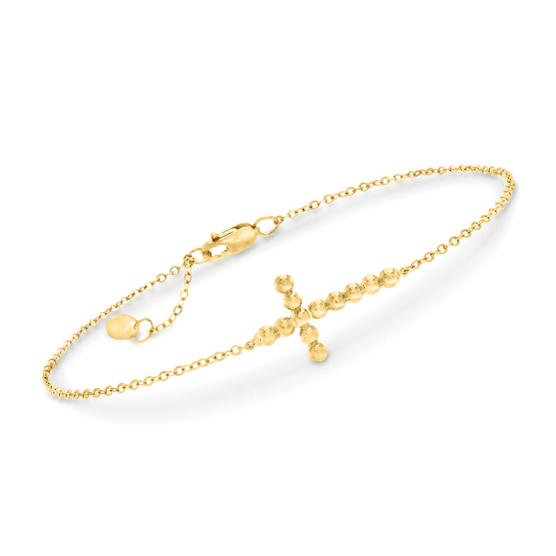 14kt yellow gold beaded chain bracelet with sideways cross charm and lobster clasp