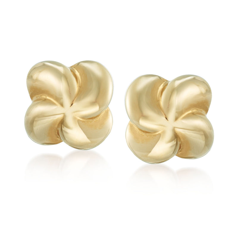 14kt yellow gold pinwheel stud earrings with polished flower design