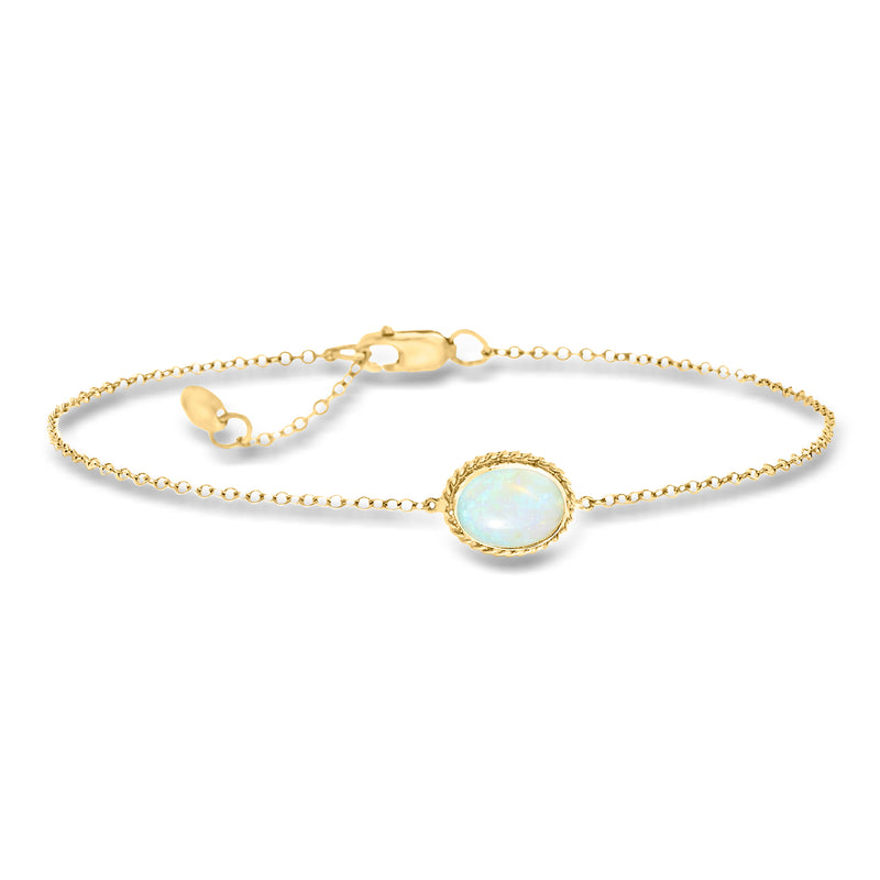14kt yellow gold roped-edge bracelet with round bezel opal stone centerpiece