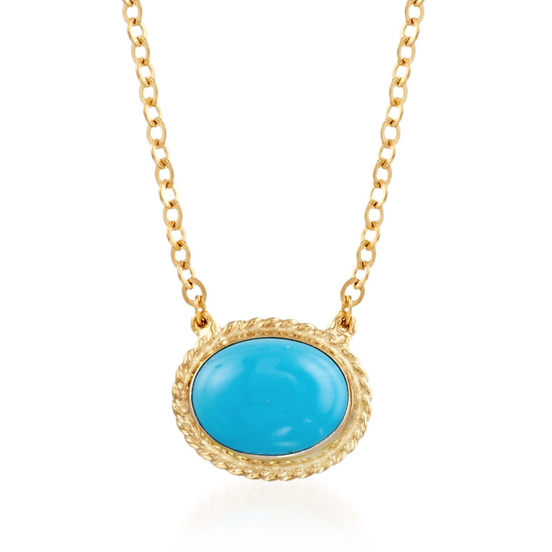Oval turquoise pendant necklace in 14kt yellow gold with roped frame and chain