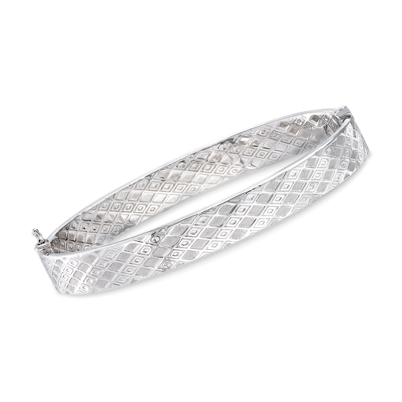 14kt white gold geometric-pattern bangle bracelet, hinged style with open cuff