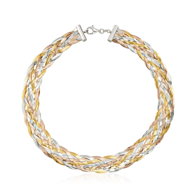 Two-tone braided herringbone collar necklace with lobster clasp, gold and silver links.