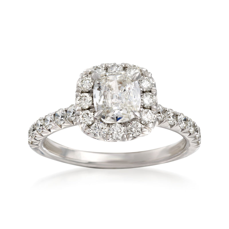 18kt white gold diamond engagement ring with cushion center and halo