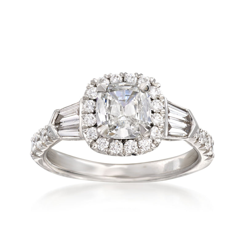 18k white gold diamond engagement ring with cushion-cut center and baguette side stones