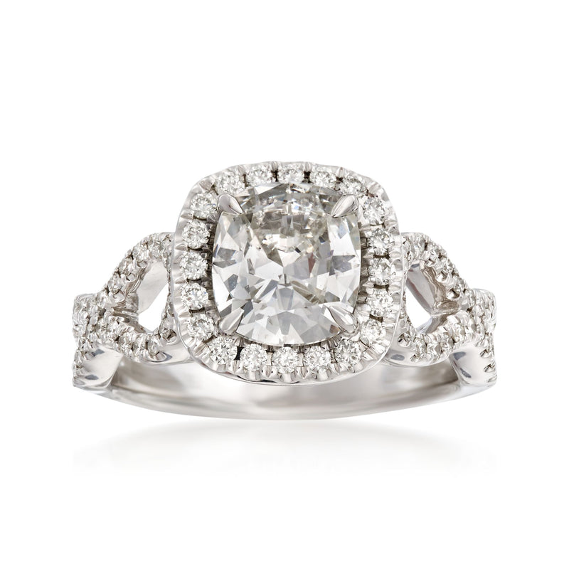 18kt white gold diamond engagement ring with large round center and halo