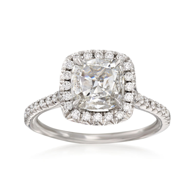 18kt white gold diamond engagement ring with large center, halo, and split shank
