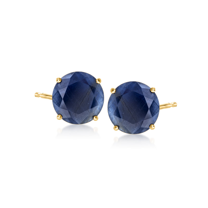 14kt yellow gold sapphire stud earrings with round dark blue gemstones