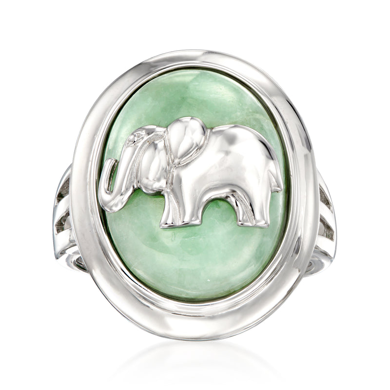 Sterling silver ring with oval green jade cabochon and raised elephant motif