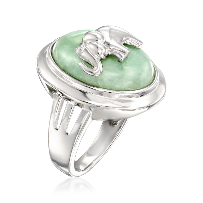 Sterling silver elephant ring with oval green jade inset shown from side angle