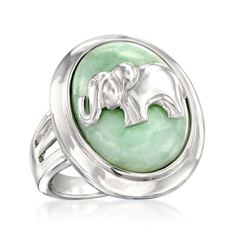 Sterling silver oval-backed ring with green jade cabochon and embossed elephant