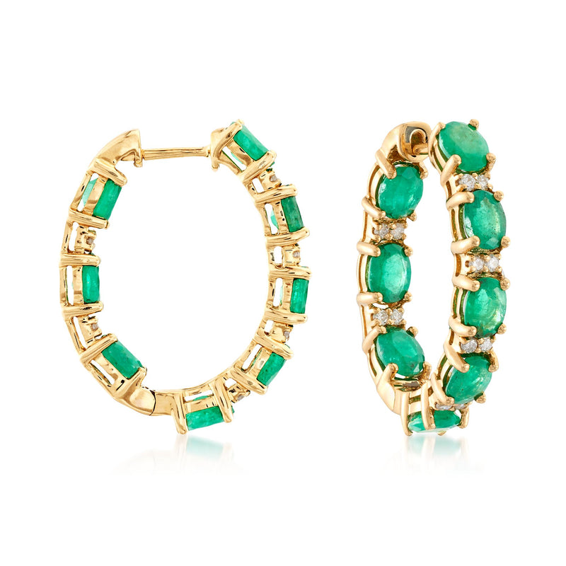 18kt yellow gold inside-out hoop earrings with emerald and diamond accents