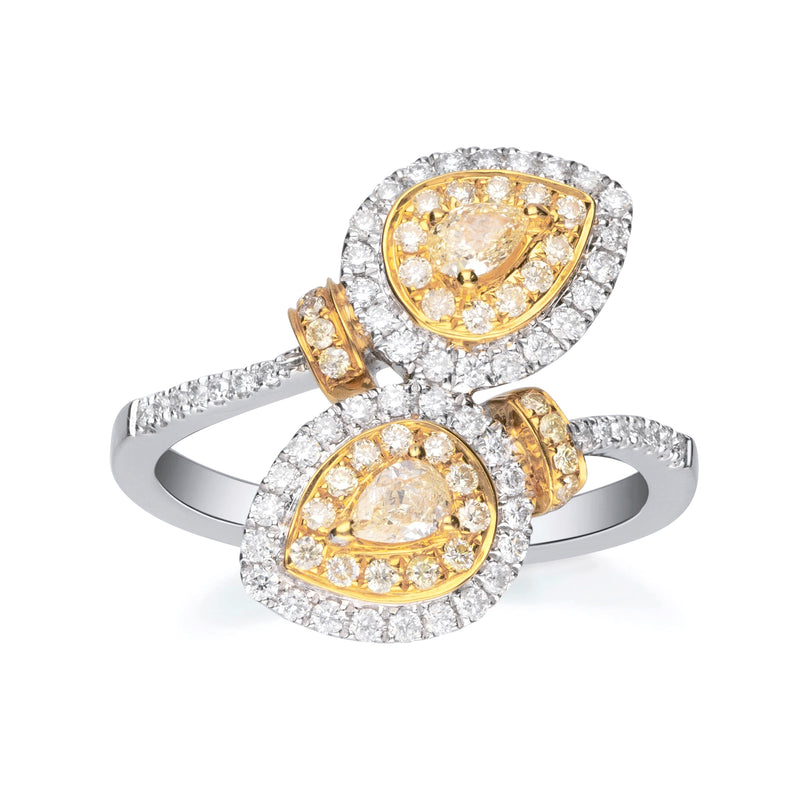 Two-tone gold bypass diamond ring with oval yellow and white diamond halos