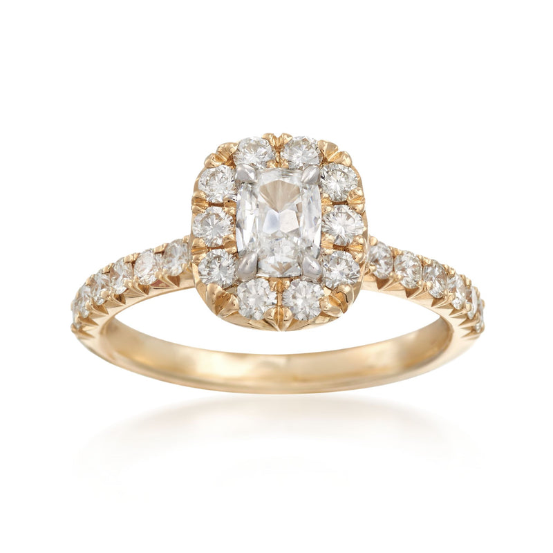 14kt yellow gold engagement ring with oval center diamond and round halo