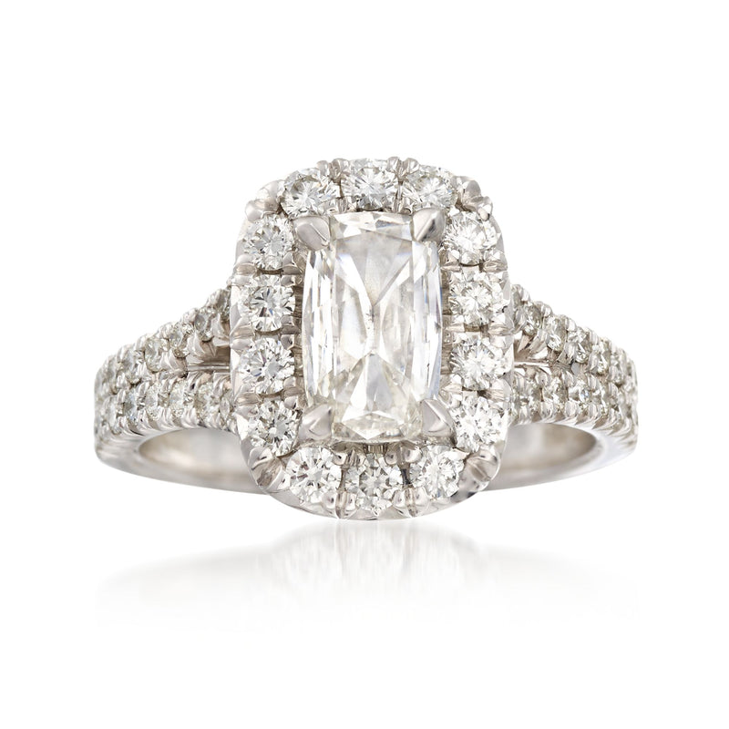 18kt white gold diamond halo engagement ring with rectangular center stone