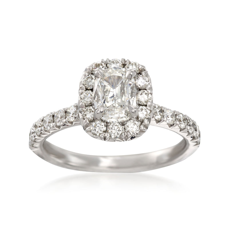 14kt white gold diamond engagement ring with large square-cut center and halo