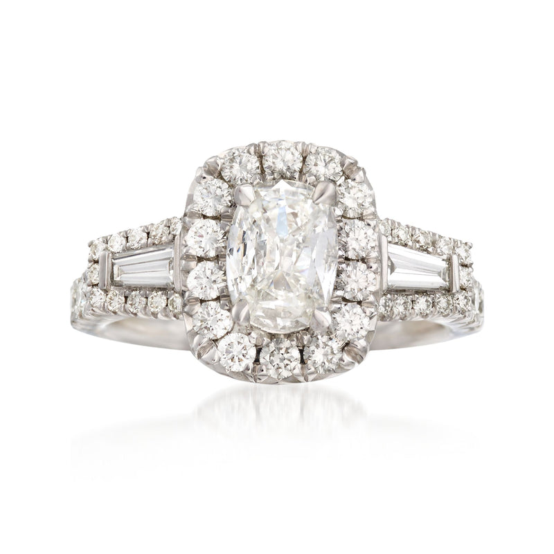 18kt white gold diamond engagement ring with radiant center stone and halo