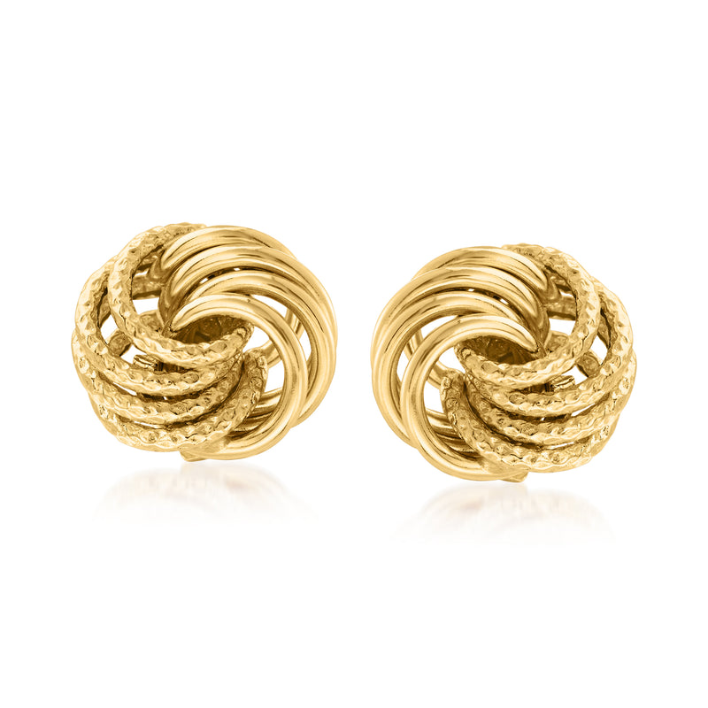 14kt yellow gold love knot stud earrings with coiled swirl knot design