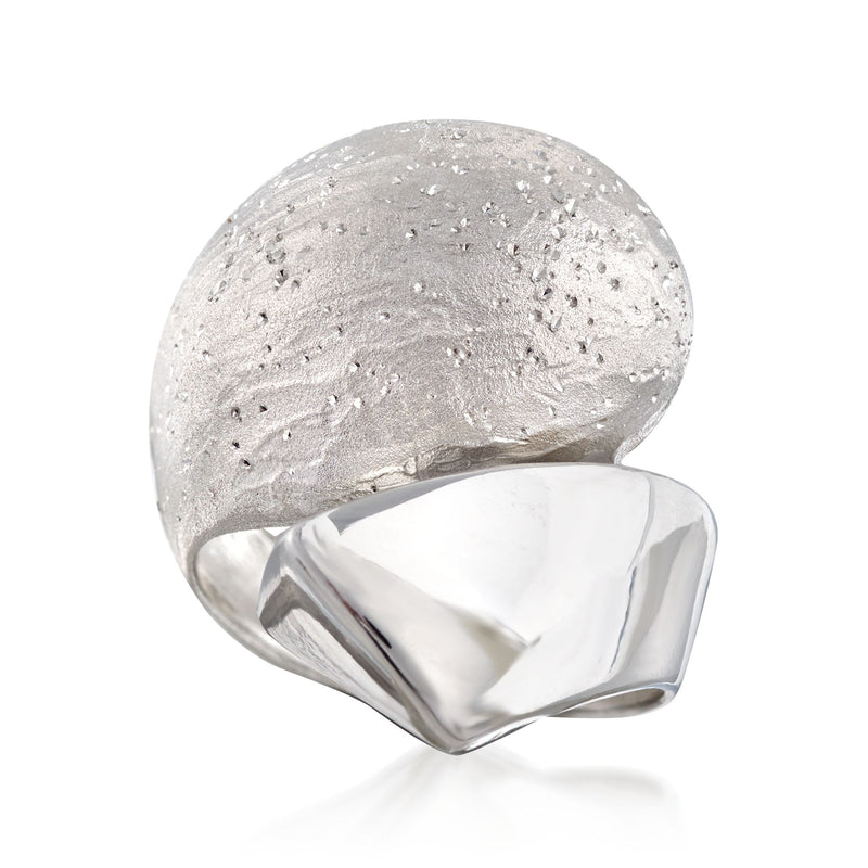 Sterling silver bypass ring with textured dome top and smooth polished heart-like band