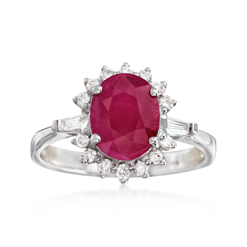 18k white gold ring with oval deep red ruby center and round diamond halo