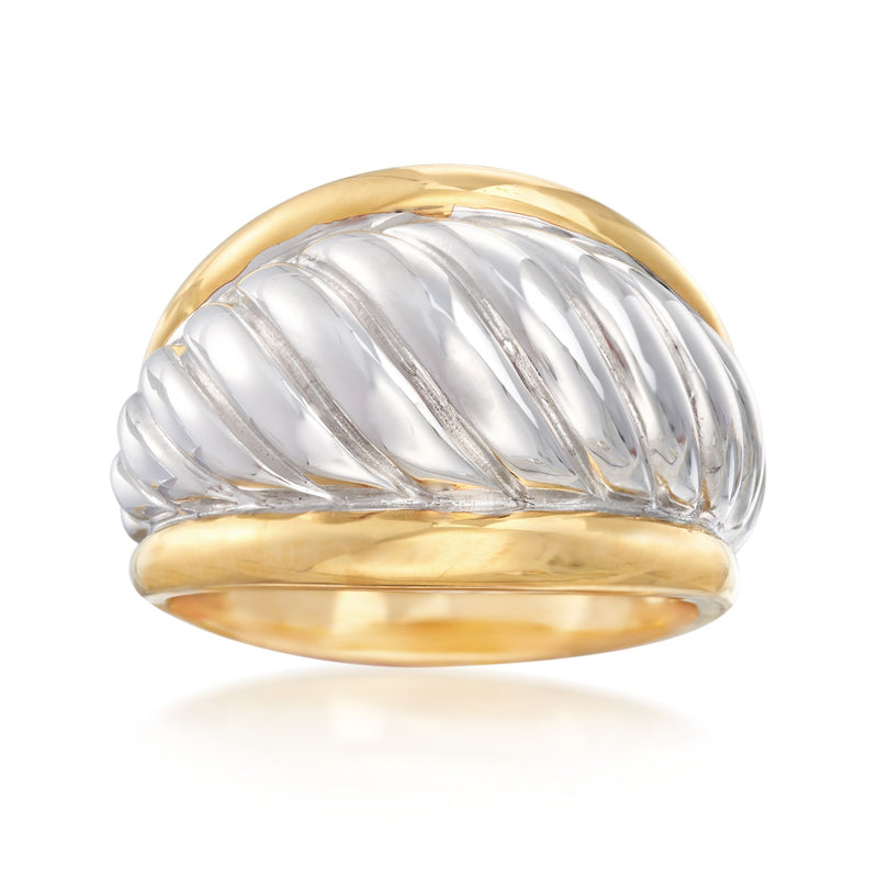 Two-tone sterling silver and gold ridged ring with rounded bezel