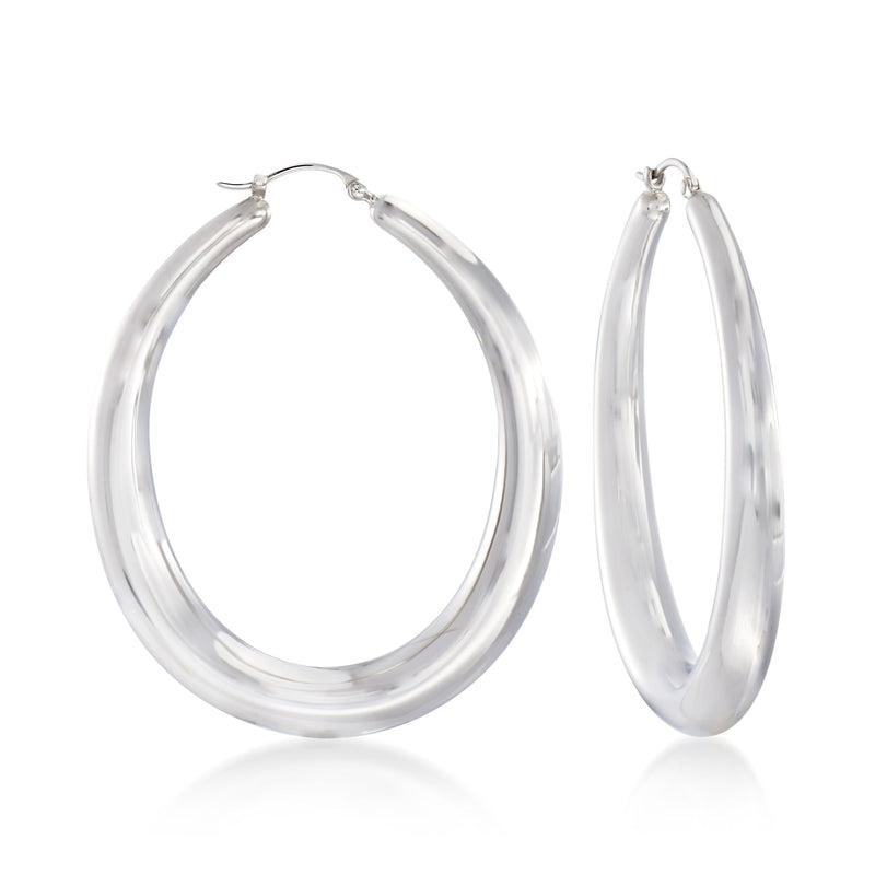 Large sterling silver oval hoop earrings with hinged closure, polished mirror finish