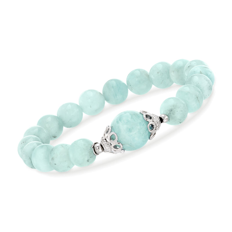 Aquamarine bead stretch bracelet with sterling silver bead settings and oval clasp