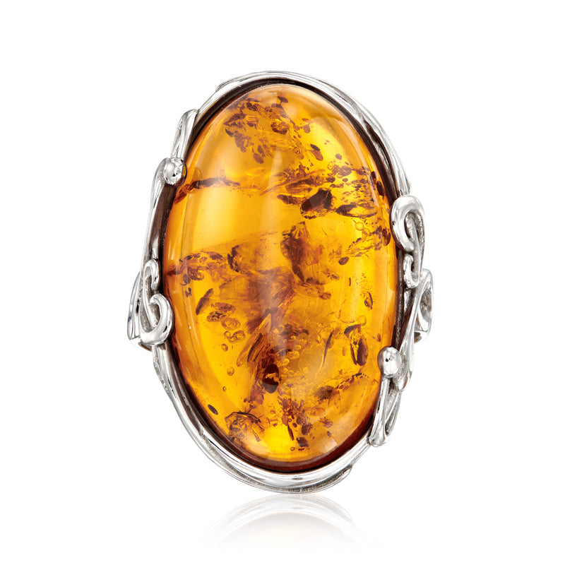 Orange amber oval ring in sterling silver, faceted amber cabochon