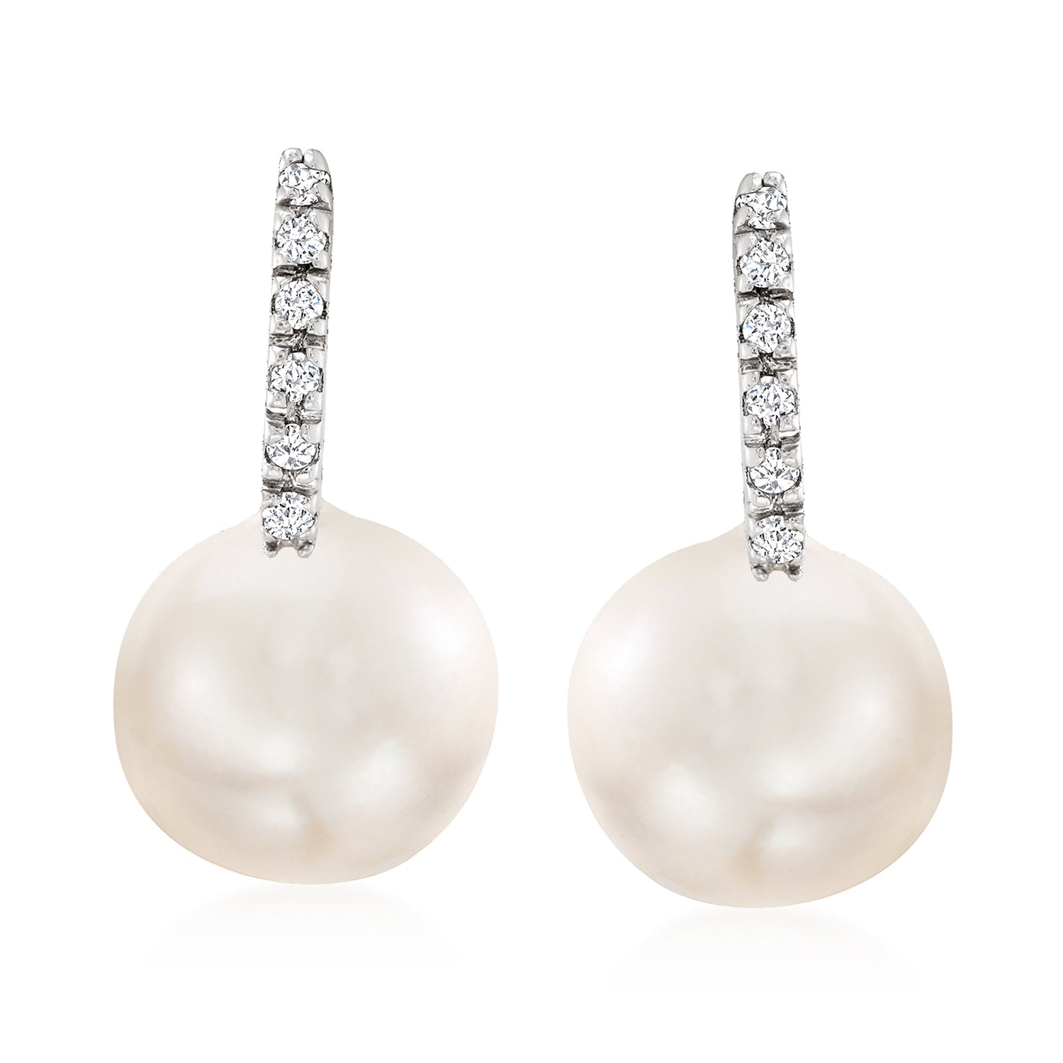 8-8.5mm Cultured Pearl Huggie Hoop Drop Earrings with Diamonds in 14kt White Gold