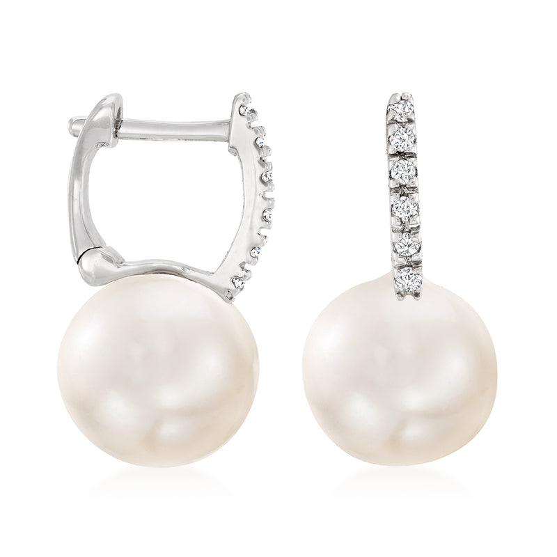 Pearl huggie hoop drop earrings with diamonds in 14kt white gold