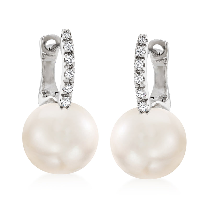 Pearl huggie hoop drop earrings in white gold with diamond accents