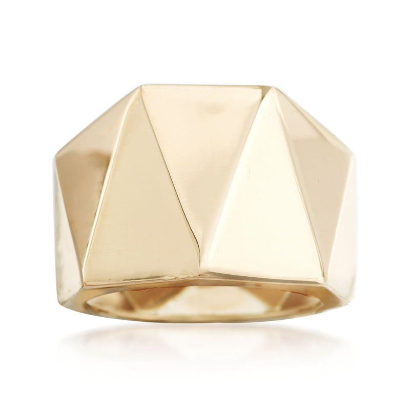 Wide 14kt yellow gold geometric ring with faceted angular panels