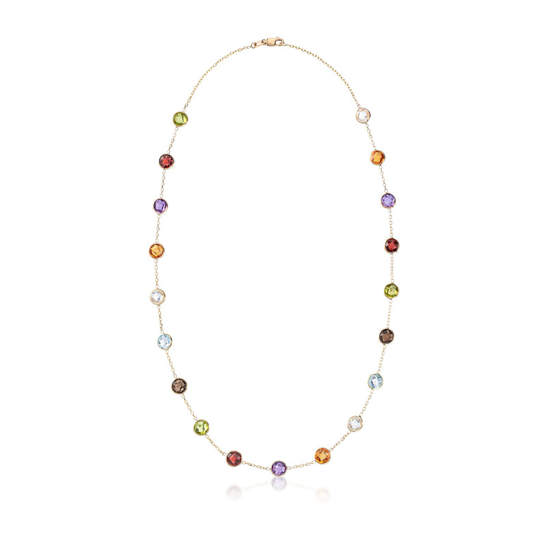 14kt yellow gold station necklace, bezel-set multicolor gemstones with small links