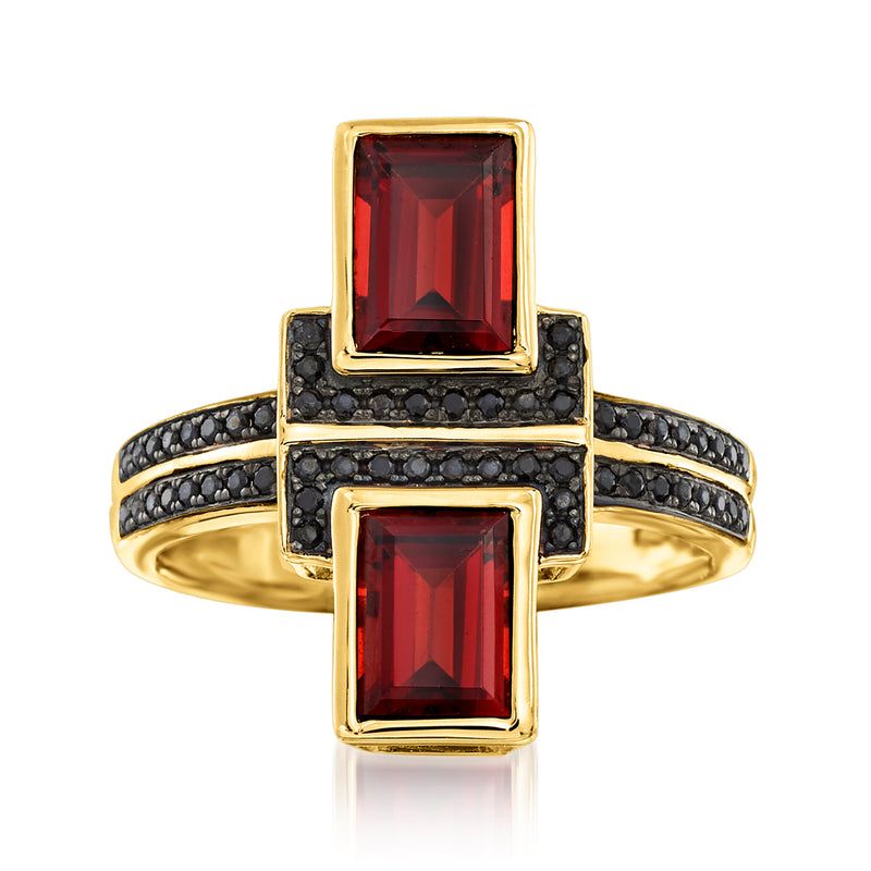 Gold over sterling ring with two rectangular garnet stones and black spinel accents