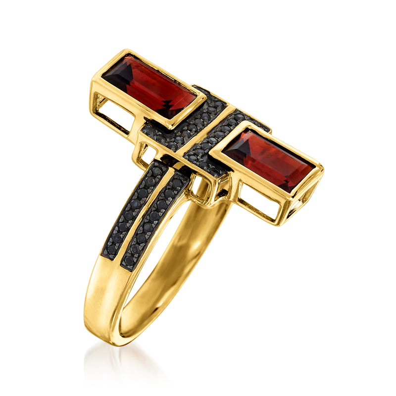 Gold ring with rectangular garnet stones and black spinel accents